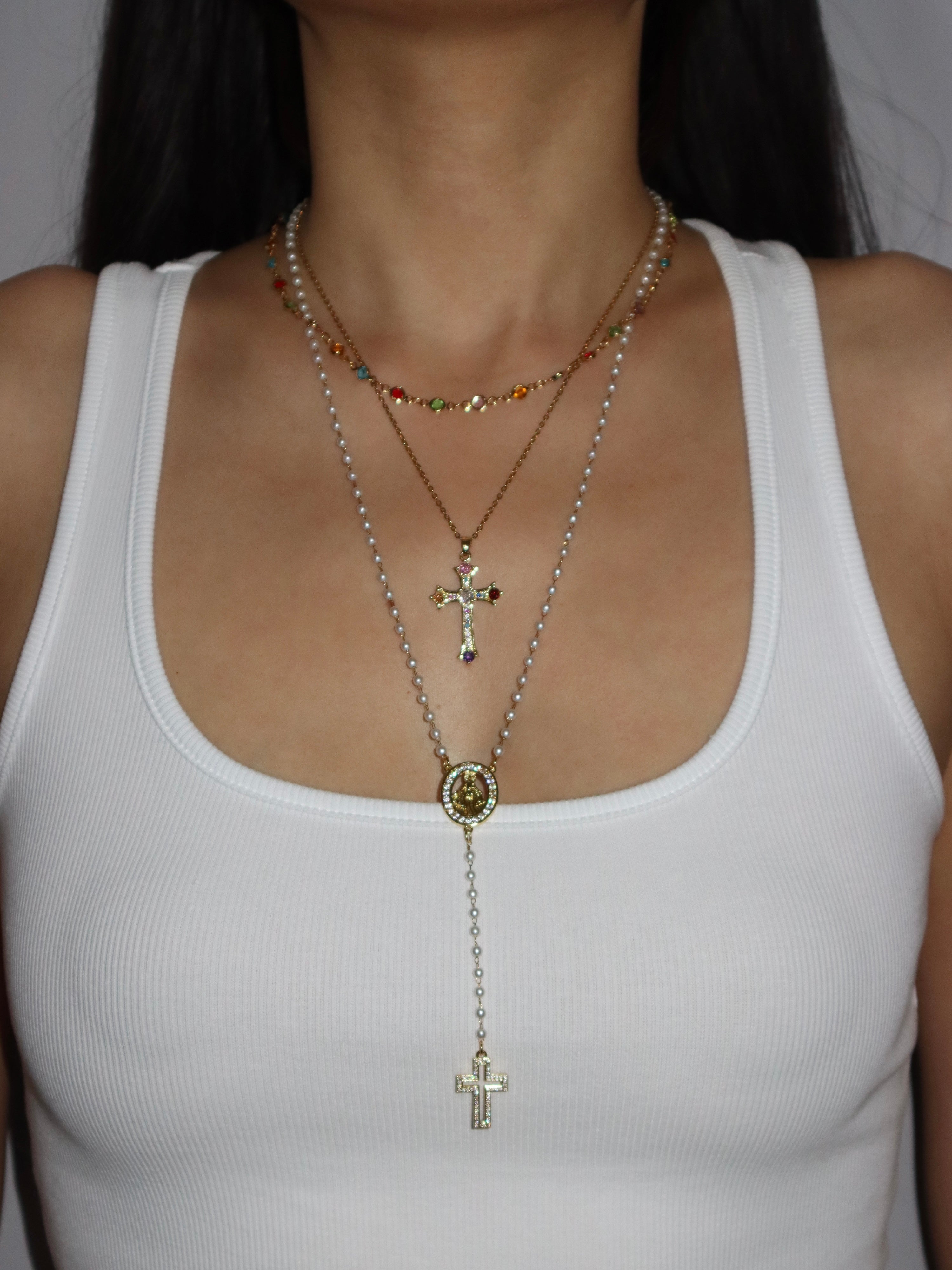 Grace Pearl Cross Lariat Necklace