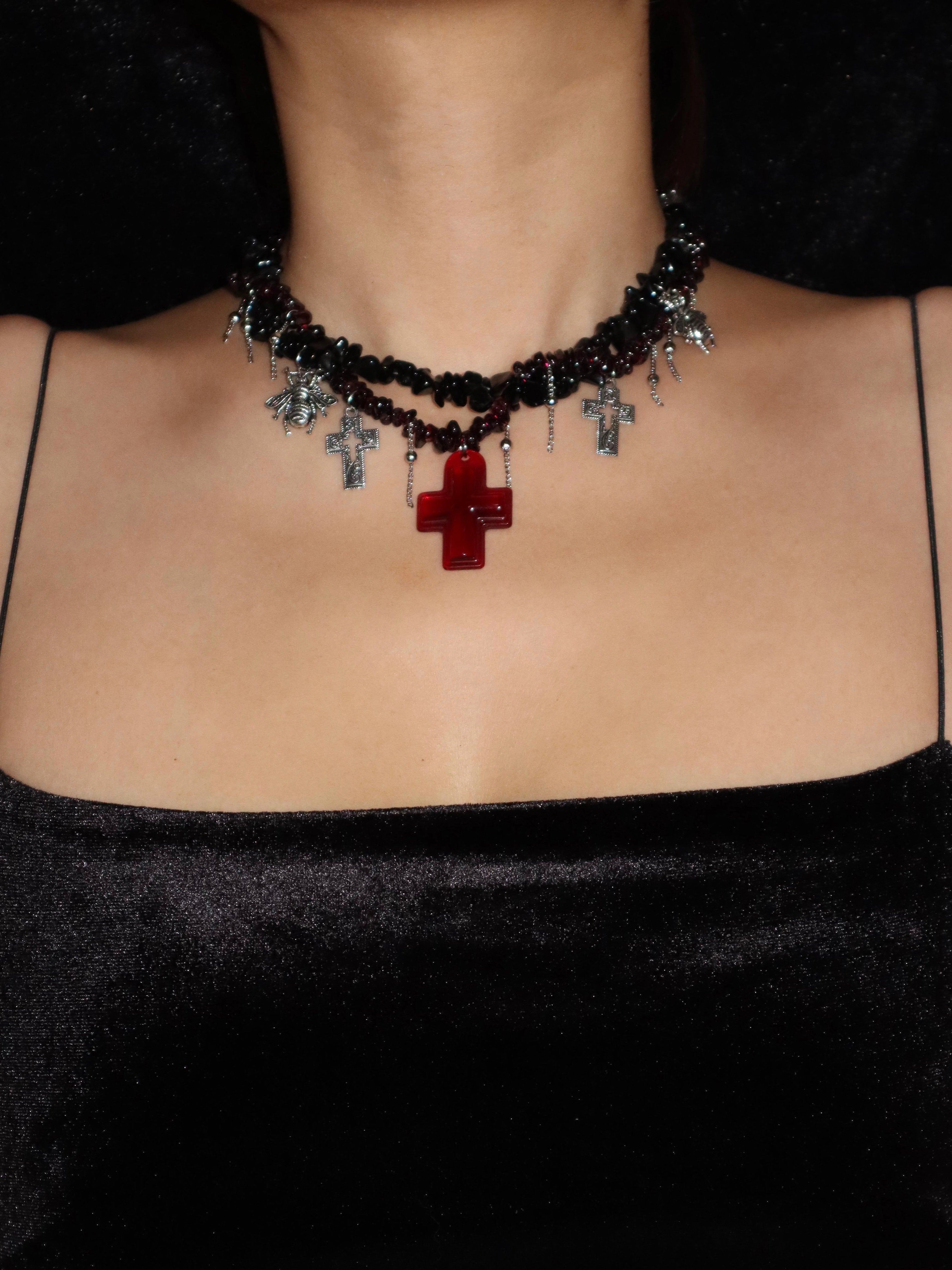 Goth Gravel Blood Cross Necklace