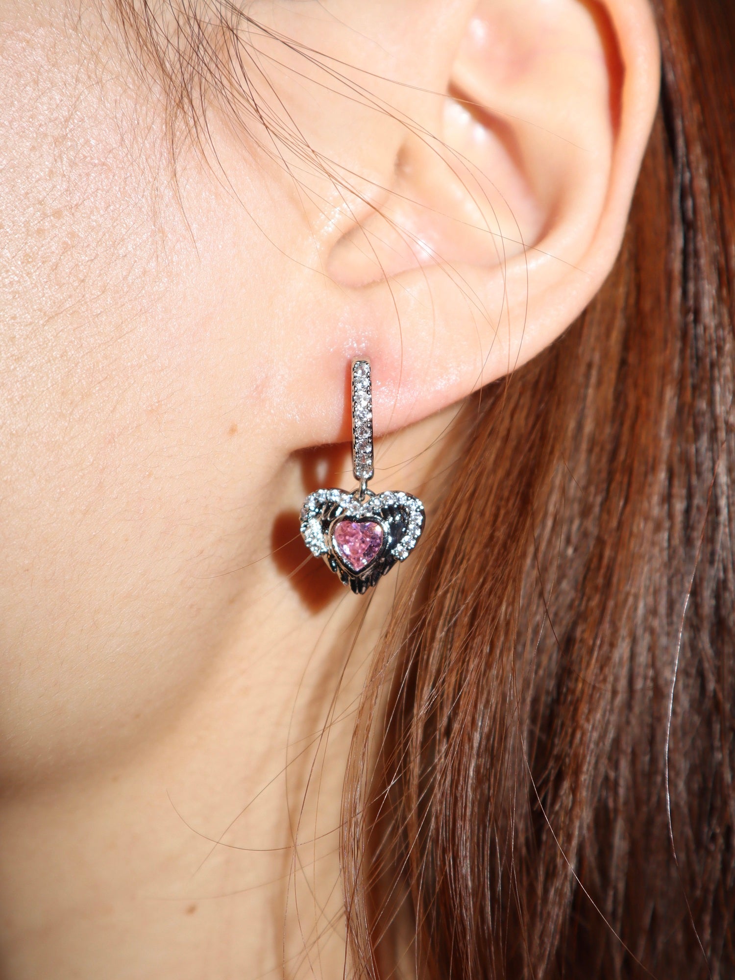 Pink Heart Angel Wing Silver Earrings - Kuri Jewelry