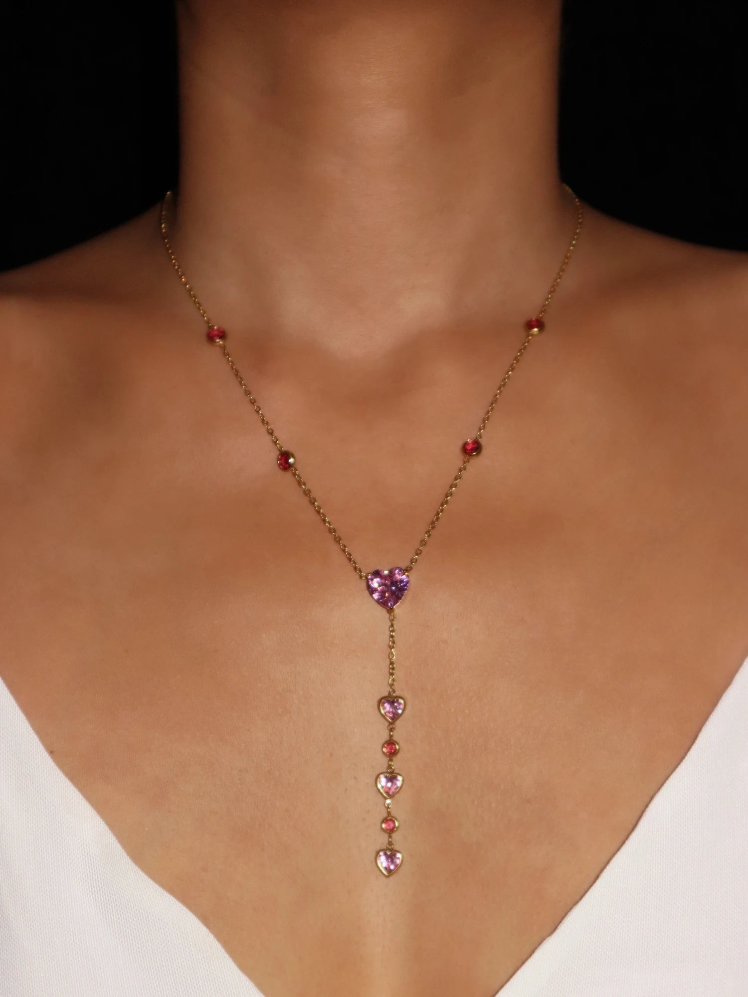 Mavis Pink Hearts Lariat Necklace
