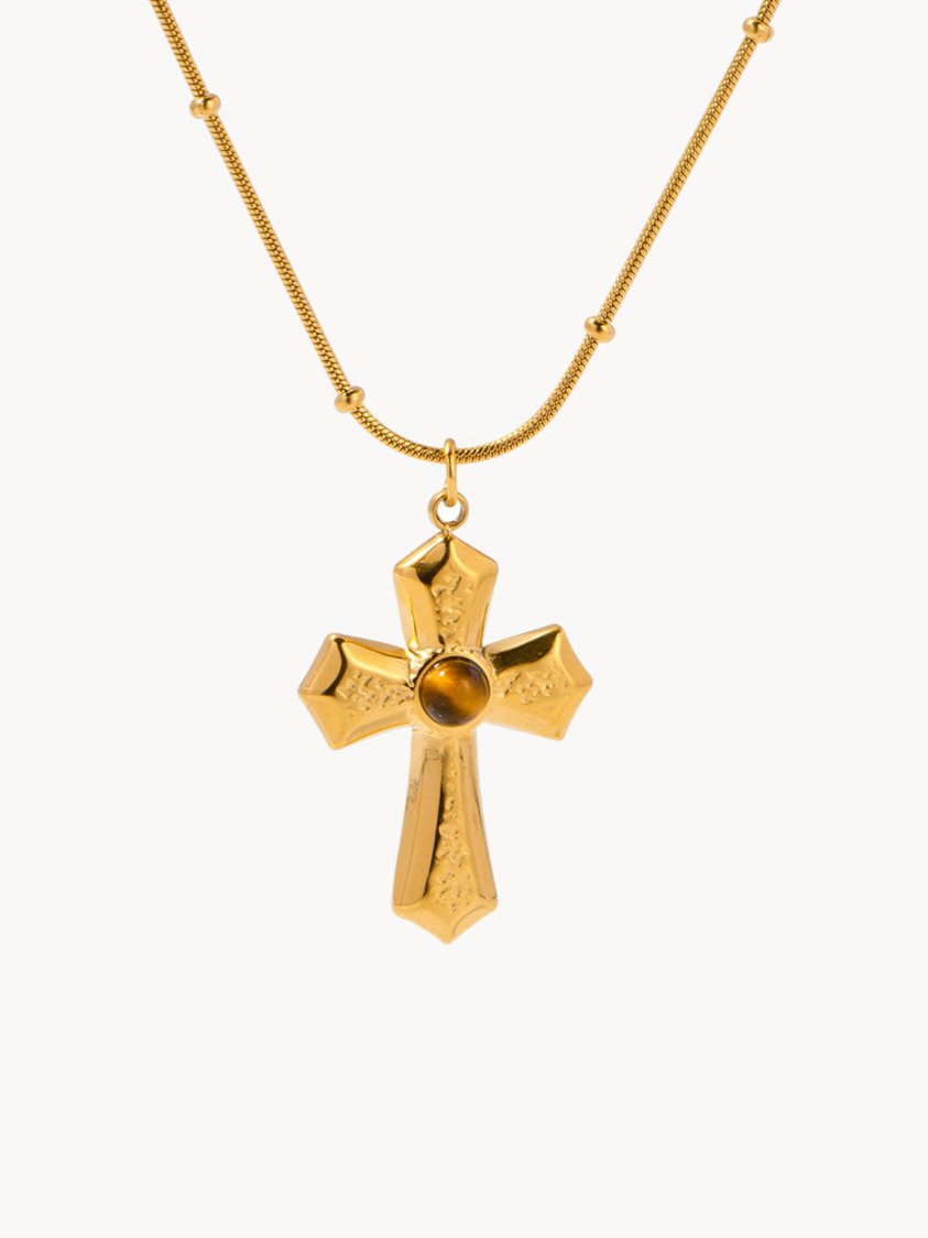 Joanna Tiger's Eye Golden Cross Necklace - Kuri Jewelry