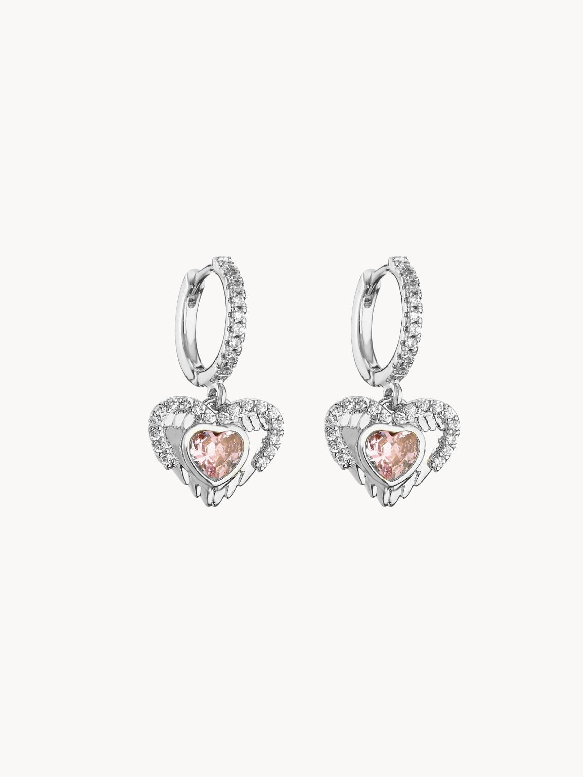 Pink Heart Angel Wing Silver Earrings