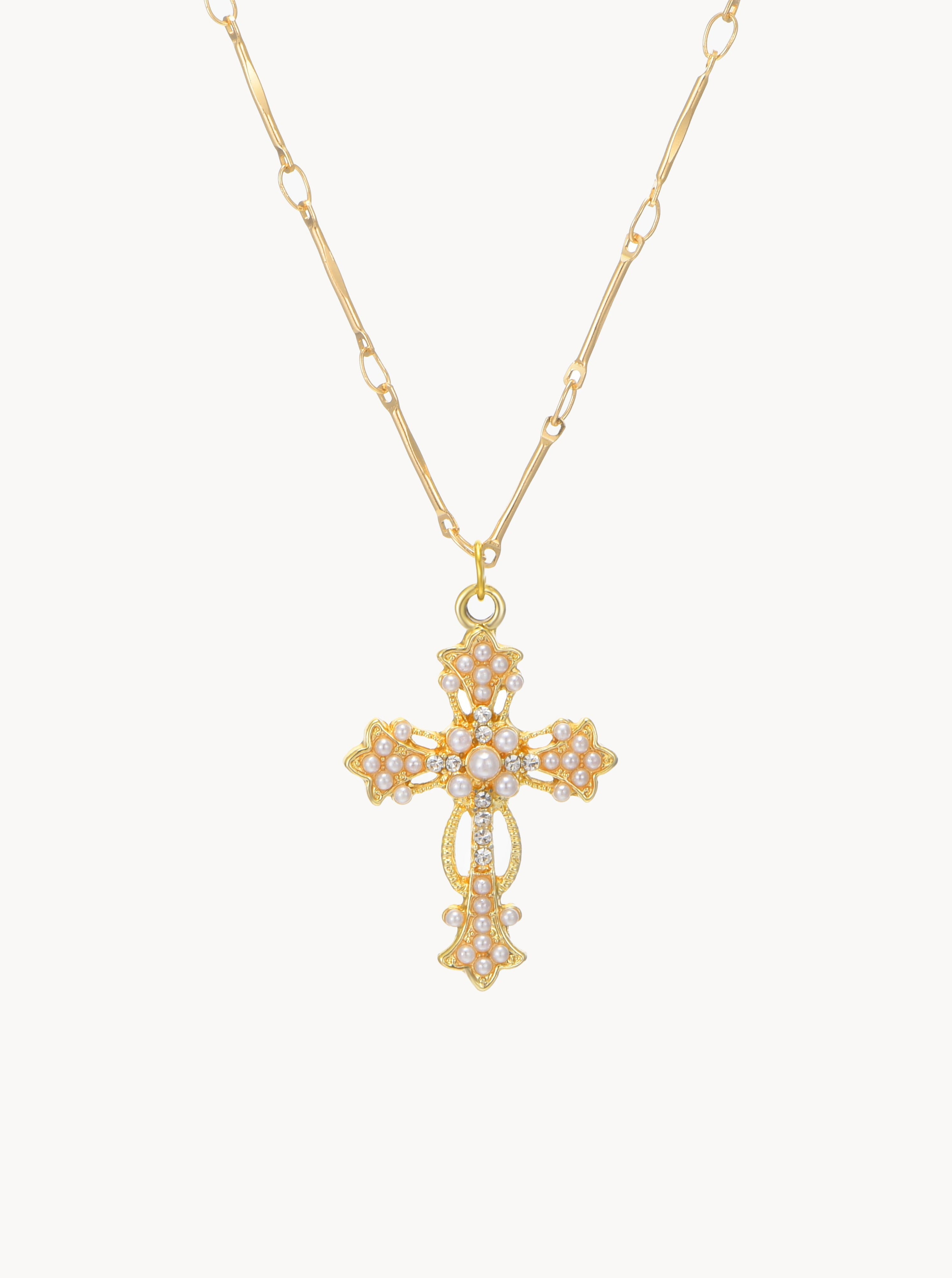 Silvia Gold Pearl Cross Necklace