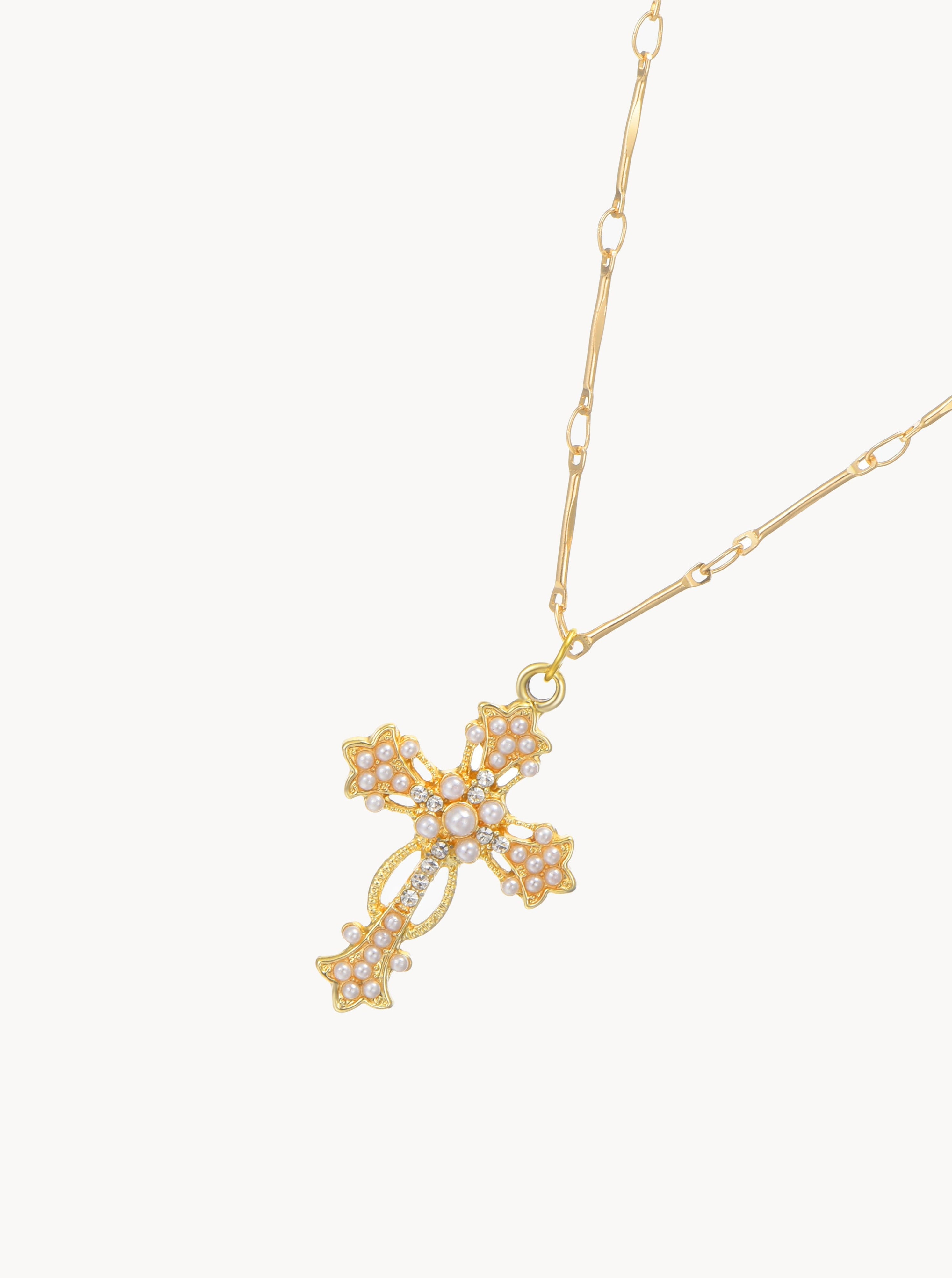 Silvia Gold Pearl Cross Necklace