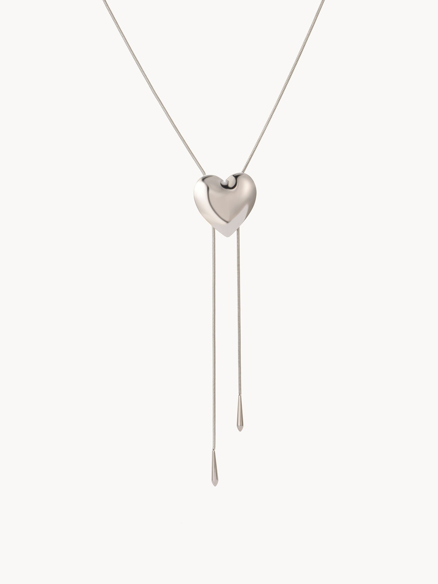 Heart Adjustable Silver Herringbone Long Necklace
