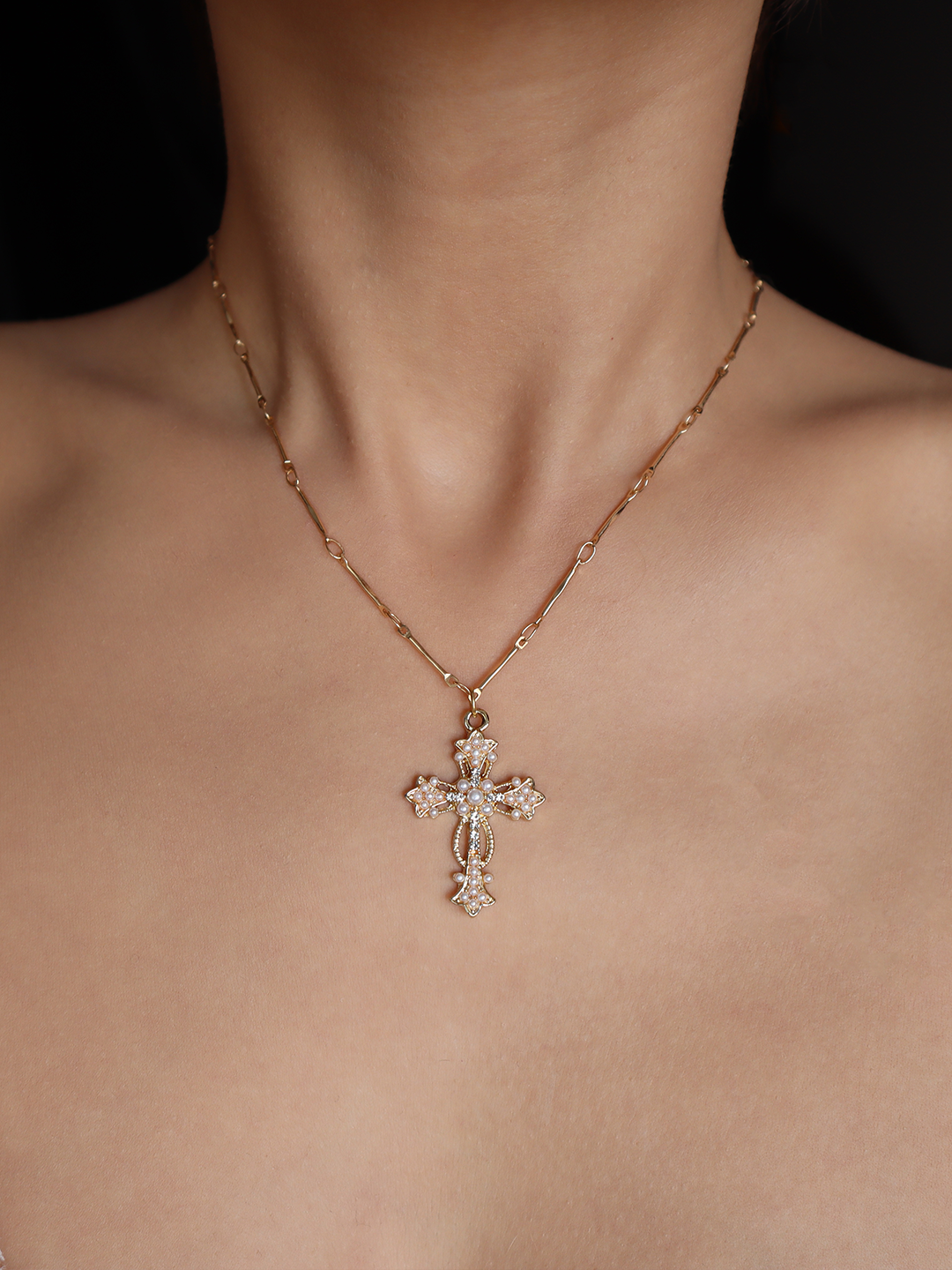 Silvia Gold Pearl Cross Necklace